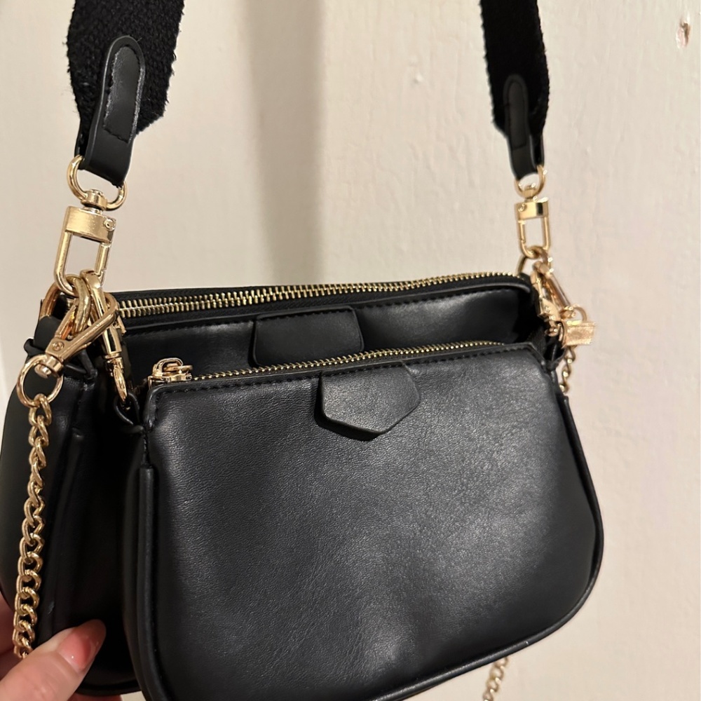Small Crossbody Black bag with Gold Zipper and Chain